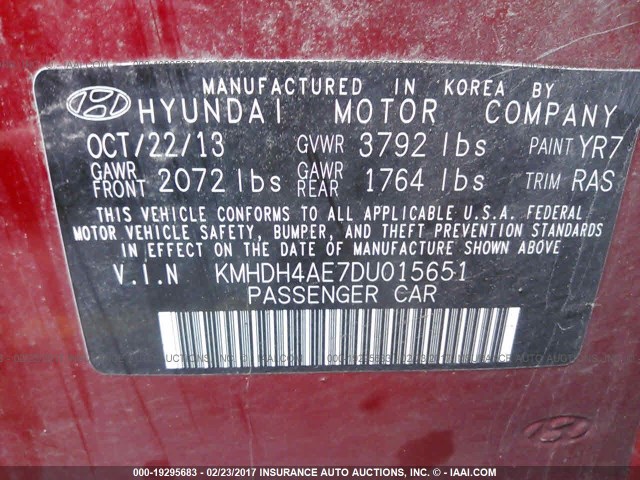 KMHDH4AE7DU015651 - 2013 HYUNDAI ELANTRA GLS/LIMITED RED photo 9