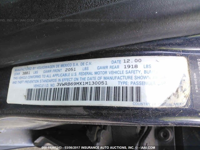 3VWRB69MX1M130051 - 2001 VOLKSWAGEN JETTA GL BLUE photo 9