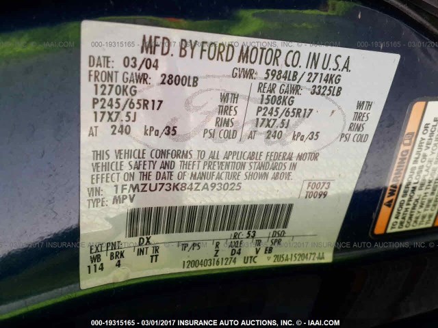 1FMZU73K84ZA93025 - 2004 FORD EXPLORER XLT/XLT SPORT/NBX 蓝色 照片 9