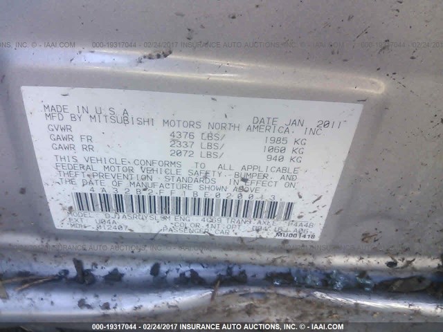 4A32B2FF1BE020013 - 2011 MITSUBISHI GALANT FE SILVER photo 9