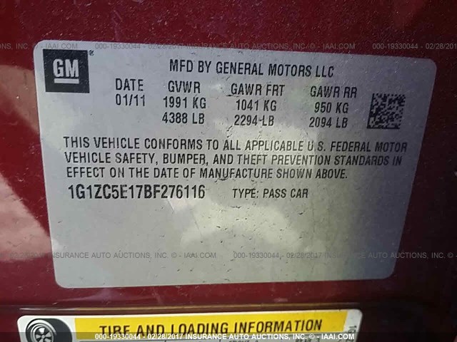 1G1ZC5E17BF276116 - 2011 CHEVROLET MALIBU 1LT RED photo 9