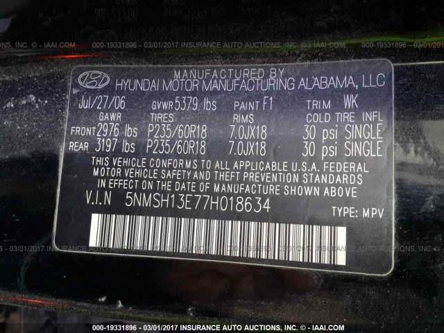 5NMSH13E77H018634 - 2007 HYUNDAI SANTA FE SE/LIMITED BLACK photo 9