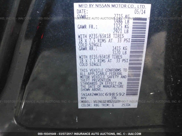 5N1AR2MM3EC698592 - 2014 NISSAN PATHFINDER S/SV/SL/PLATINUM 蓝色 照片 9