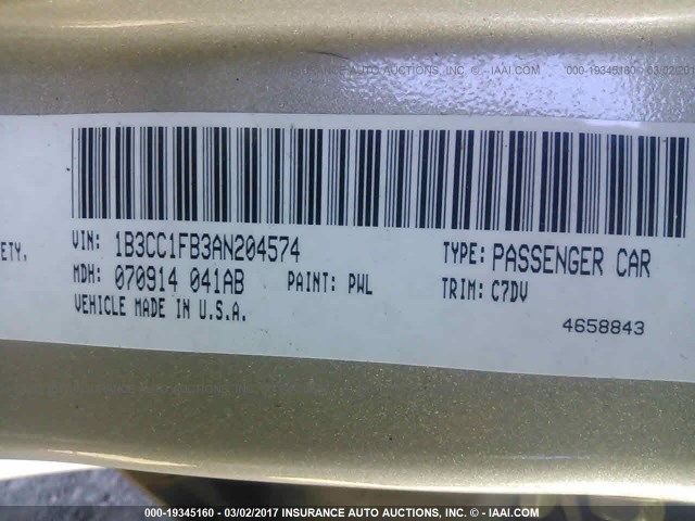 1B3CC1FB3AN204574 - 2010 DODGE AVENGER EXPRESS 米色 照片 9