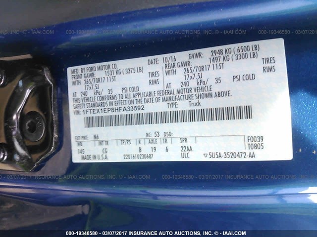 1FTEX1EP8HFA33592 - 2017 FORD F150 SUPER CAB BLUE photo 9