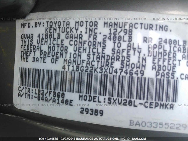 4T1BG22K3XU474649 - 1999 TOYOTA CAMRY CE/LE/XLE 香槟色 照片 9