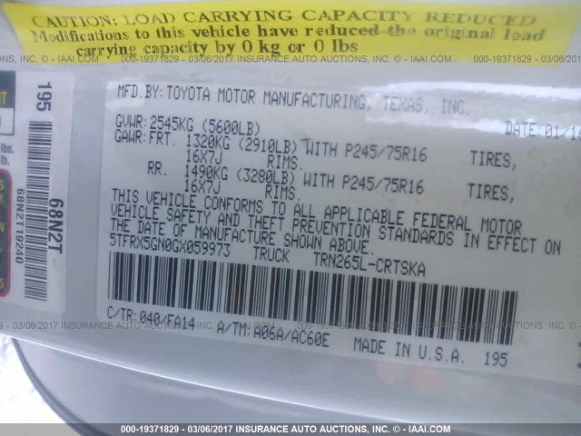 5TFRX5GN0GX059973 - 2016 TOYOTA TACOMA ACCESS CAB/SR/SR5 თეთრი ფოტო 9