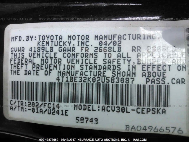 4T1BE32K02U583087 - 2002 TOYOTA CAMRY LE/XLE/SE Qara foto 9
