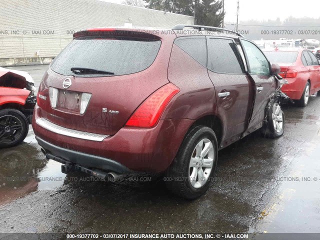 JN8AZ08W37W646938 - 2007 NISSAN MURANO SL/SE/S BURGUNDY photo 4