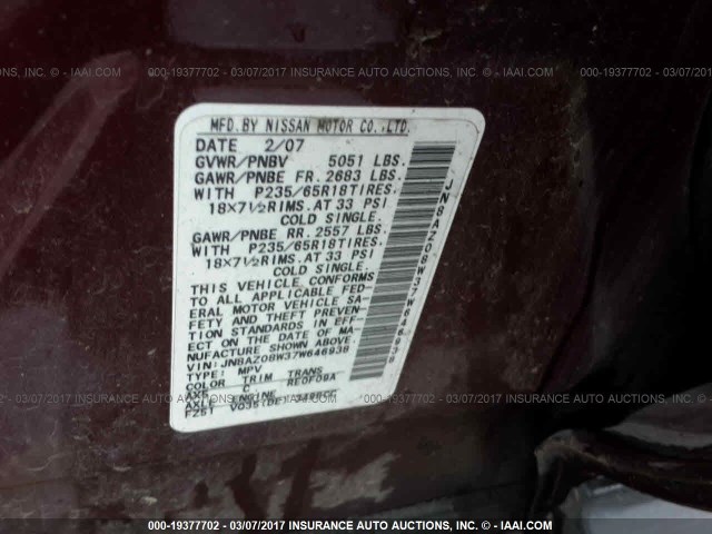 JN8AZ08W37W646938 - 2007 NISSAN MURANO SL/SE/S BURGUNDY photo 9