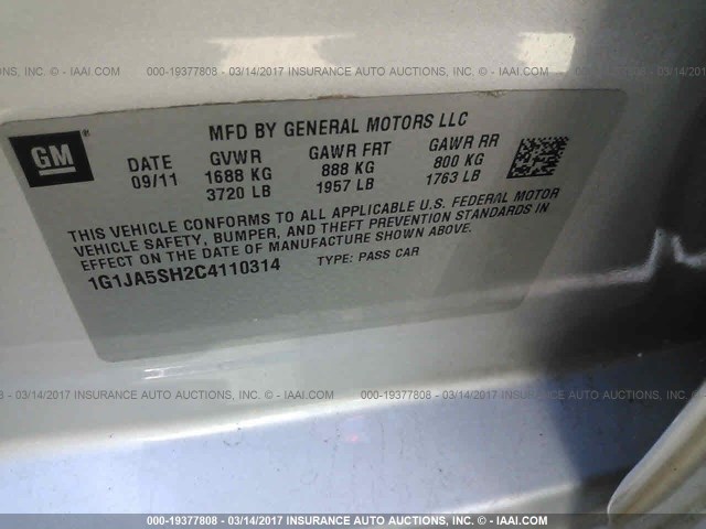 1G1JA5SH2C4110314 - 2012 CHEVROLET SONIC LS Boz foto 9