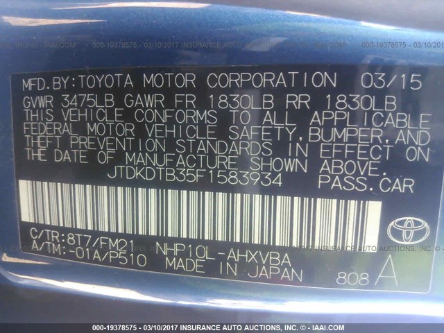 JTDKDTB35F1583934 - 2015 TOYOTA PRIUS C BLUE photo 9