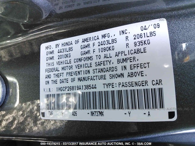 1HGCP26819A138544 - 2009 HONDA ACCORD EXL GRAY photo 9