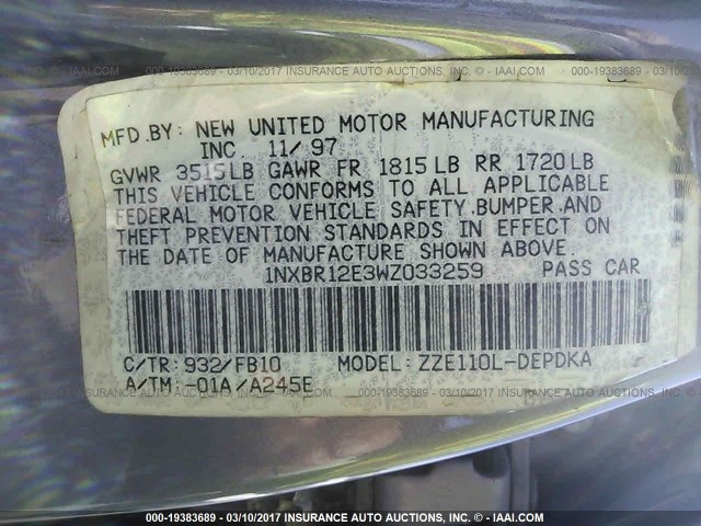 1NXBR12E3WZ033259 - 1998 TOYOTA COROLLA VE/CE/LE 灰色 照片 9