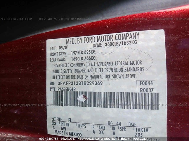 3FAFP31381R229369 - 2001 FORD FOCUS ZX3 RED photo 9