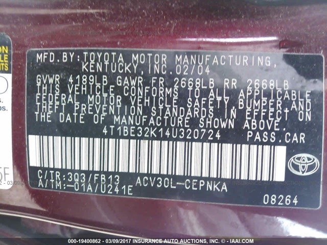 4T1BE32K14U320724 - 2004 TOYOTA CAMRY LE/XLE/SE 红色 照片 9