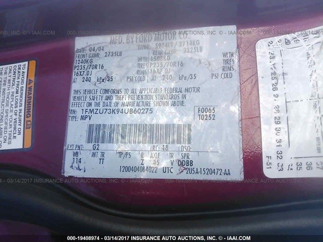 1FMZU73K94UB60275 - 2004 FORD EXPLORER XLT/XLT SPORT/NBX MAROON photo 9