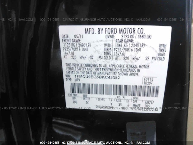 1FMCU9EG5BKC43382 - 2011 FORD ESCAPE LIMITED BLACK photo 9