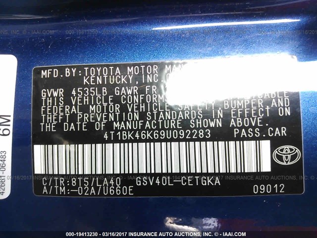 4T1BK46K69U092283 - 2009 TOYOTA CAMRY SE/LE/XLE BLUE photo 9