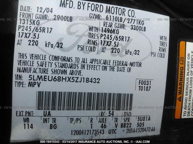 5LMEU68HX5ZJ18432 - 2005 LINCOLN AVIATOR Qara foto 9