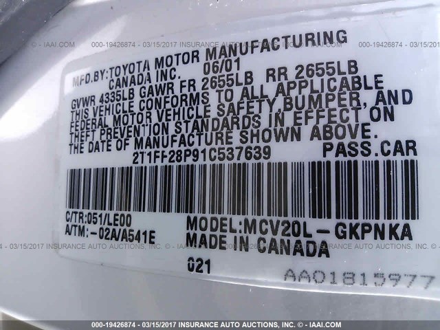 2T1FF28P91C537639 - 2001 TOYOTA CAMRY SOLARA SE/SLE 白色 照片 9