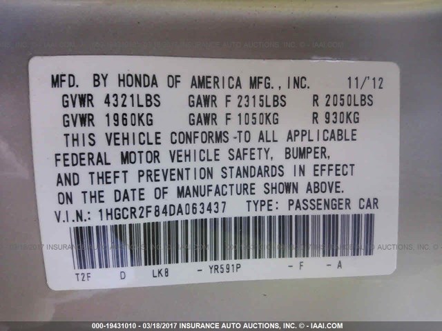 1HGCR2F84DA063437 - 2013 HONDA ACCORD EXL GOLD photo 9