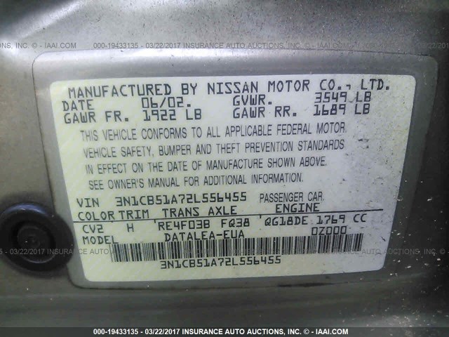 3N1CB51A72L556455 - 2002 NISSAN SENTRA GXE BEIGE photo 9