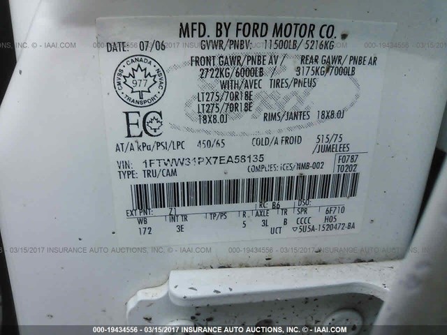 1FTWW31PX7EA58135 - 2007 FORD F350 WHITE photo 9