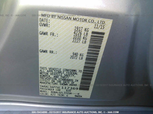 1N4AL3AP7GC117369 - 2016 NISSAN ALTIMA 2.5/S/SV/SL/SR SILVER photo 9