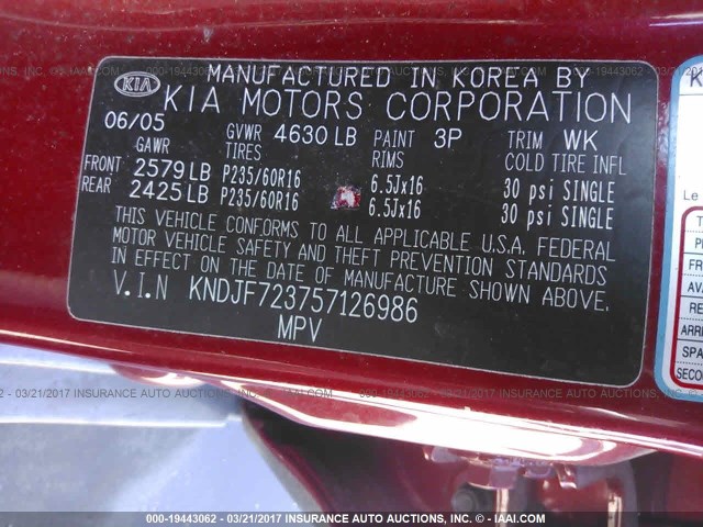 KNDJF723757126986 - 2005 KIA NEW SPORTAGE  RED photo 9