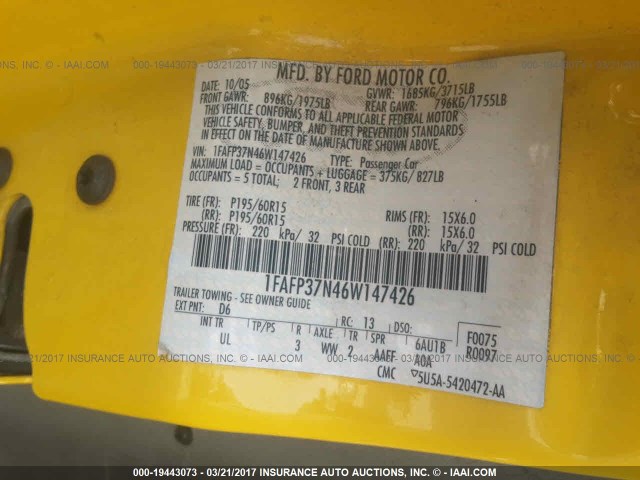 1FAFP37N46W147426 - 2006 FORD FOCUS ZX5 YELLOW photo 9