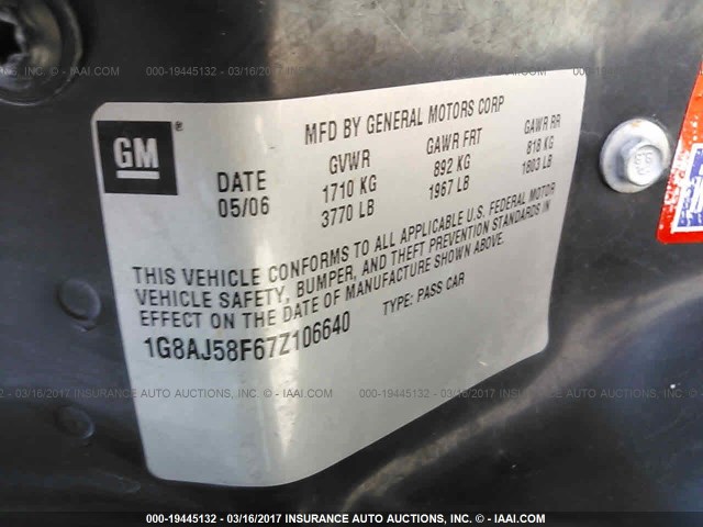 1G8AJ58F67Z106640 - 2007 SATURN ION LEVEL 2 GRAY photo 9