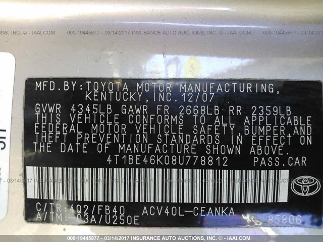 4T1BE46K08U778812 - 2008 TOYOTA CAMRY Pewter photo 9