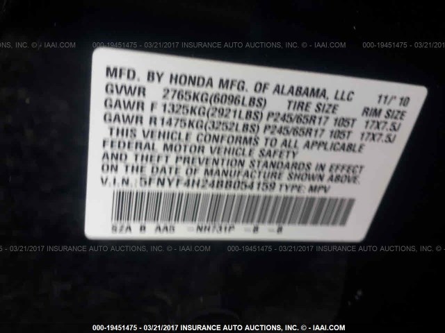 5FNYF4H24BB054159 - 2011 HONDA PILOT LX BLACK photo 9