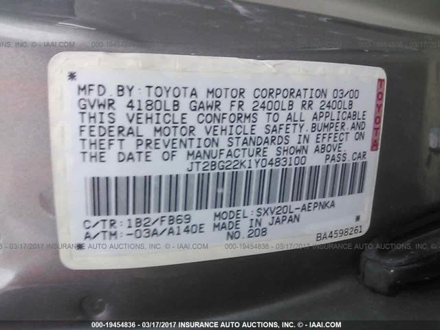 JT2BG22K1Y0483100 - 2000 TOYOTA CAMRY CE/LE/XLE 金色 照片 9