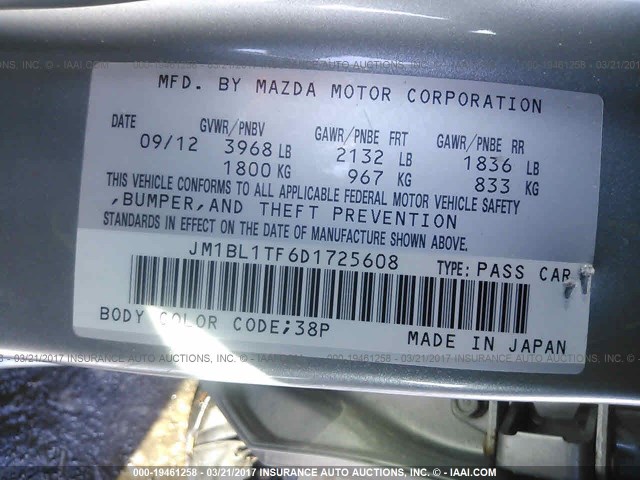 JM1BL1TF6D1725608 - 2013 MAZDA 3 I GRAY photo 9