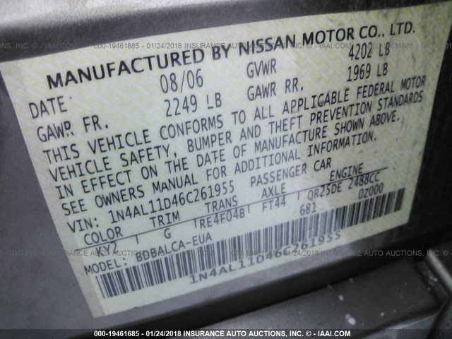 1N4AL11D46C261955 - 2006 NISSAN ALTIMA S/SL Pewter photo 9