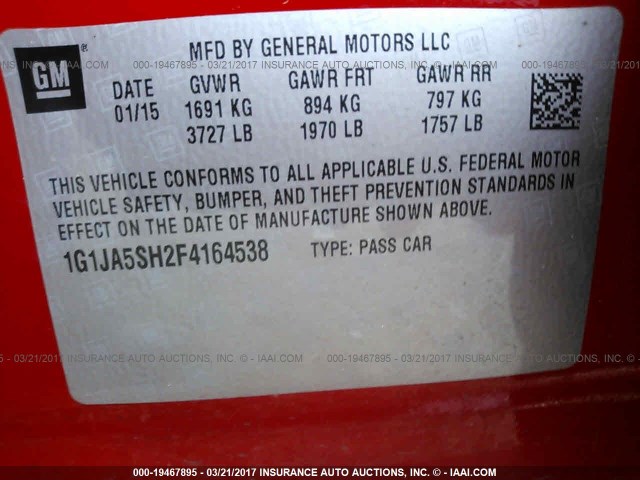 1G1JA5SH2F4164538 - 2015 CHEVROLET SONIC LS 红色 照片 9