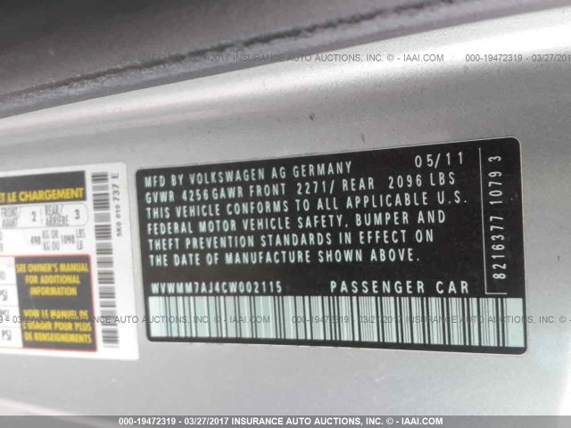 WVWMM7AJ4CW002115 - 2012 VOLKSWAGEN GOLF 银色 照片 9