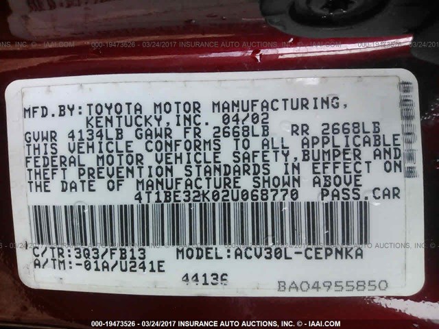 4T1BE32K02U068770 - 2002 TOYOTA CAMRY LE/XLE/SE MAROON photo 9