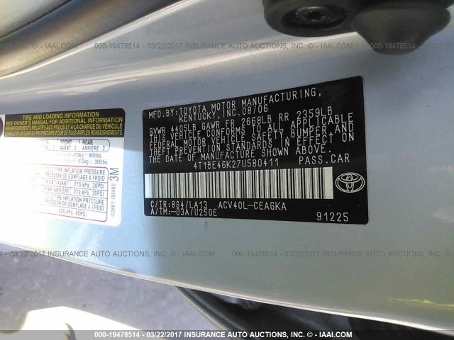 4T1BE46K27U580411 - 2007 TOYOTA CAMRY NEW GENERAT CE/LE/XLE/SE BLUE photo 9