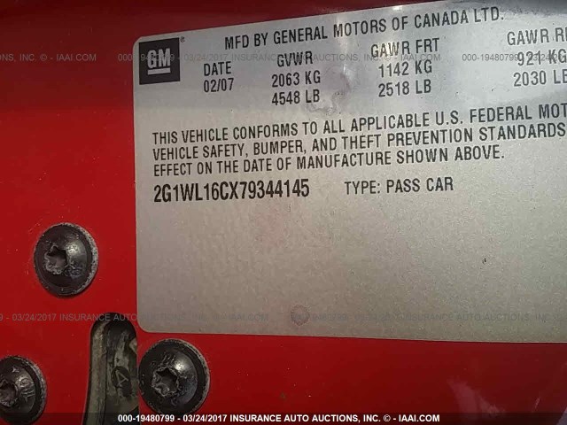 2G1WL16CX79344145 - 2007 CHEVROLET MONTE CARLO SS წითელი ფოტო 9