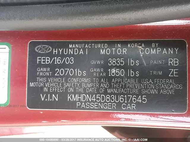 KMHDN45D83U617645 - 2003 HYUNDAI ELANTRA GLS/GT RED photo 9