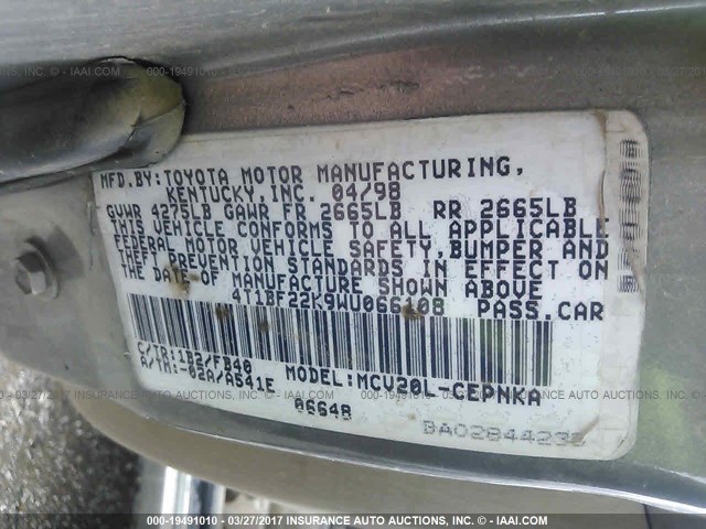 4T1BF22K9WU066108 - 1998 TOYOTA CAMRY CE/LE/XLE 棕色 照片 9