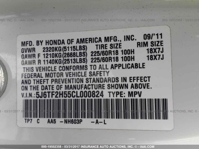 5J6TF2H55CL000824 - 2012 HONDA CROSSTOUR EXL თეთრი ფოტო 9