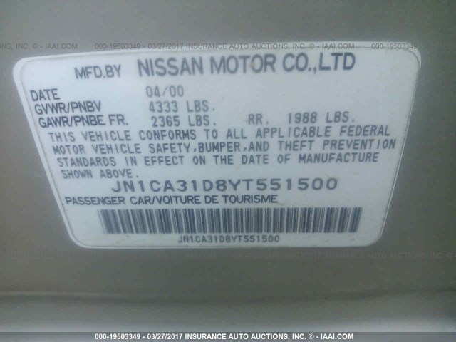 JN1CA31D8YT551500 - 2000 NISSAN MAXIMA GLE/GXE/SE GOLD photo 9