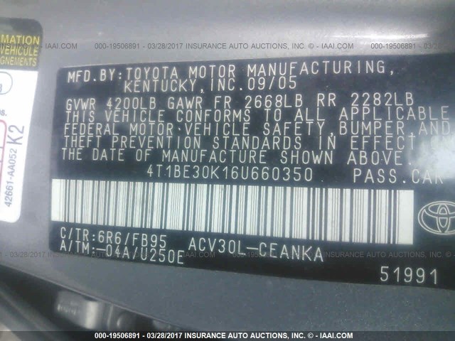 4T1BE30K16U660350 - 2006 TOYOTA CAMRY LE/XLE/SE 灰色 照片 9