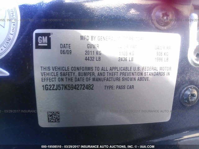 1G2ZJ57K594272482 - 2009 PONTIAC G6 BLUE photo 9