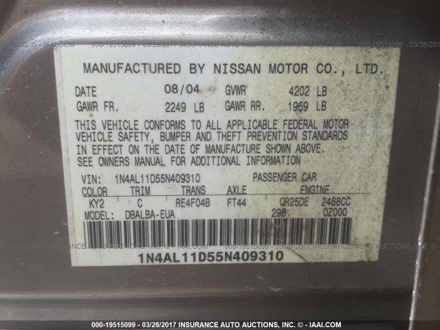 1N4AL11D55N409310 - 2005 NISSAN ALTIMA S/SL GRAY photo 9