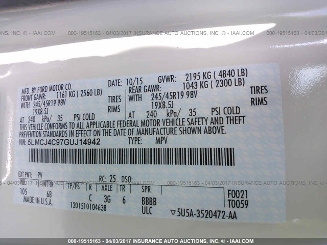 5LMCJ4C97GUJ14942 - 2016 LINCOLN MKC BLACK LABEL TURQUOISE photo 9